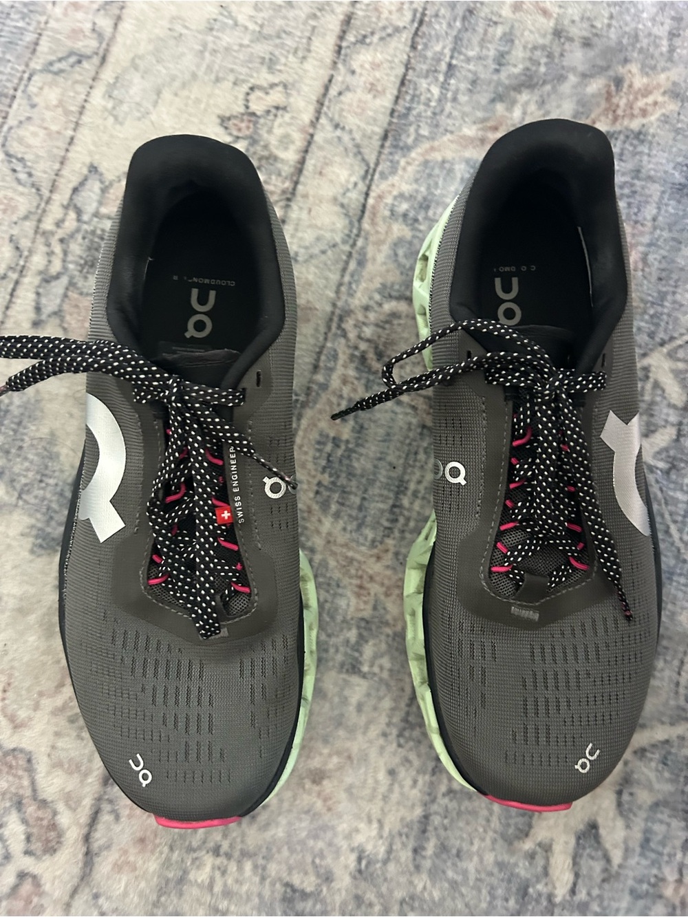 On Running Women's Gray Running Shoes with Mint Sole and Pink Accents